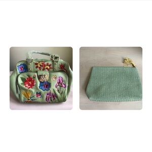 Sale! New Sharif Celadon Leather Embroidered Floral Bag & Clutch 2 Piece Set